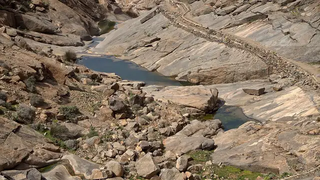 Charcas de agua retenidas entre la roca desnuda del barranco de las Peñitas, en Fuerteventura.